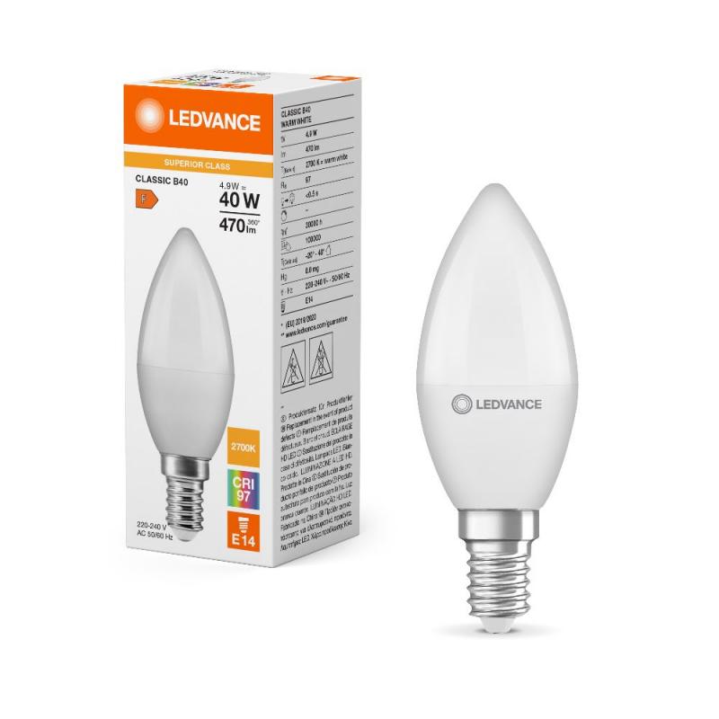 Ledvance E14 LED Kerzenlampe Classic matt 4,9W wie 40W 2700K warmweißes Licht hohe Farbwiedergabe CRI97